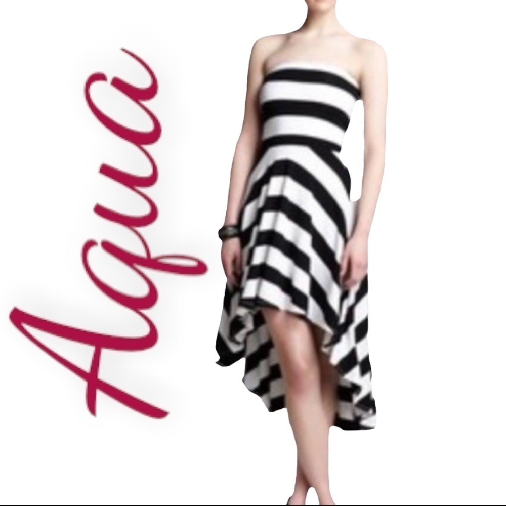 NWT AQUA (Bloomingdales) Strapless Black & White Striped Knit Dress, Size Small